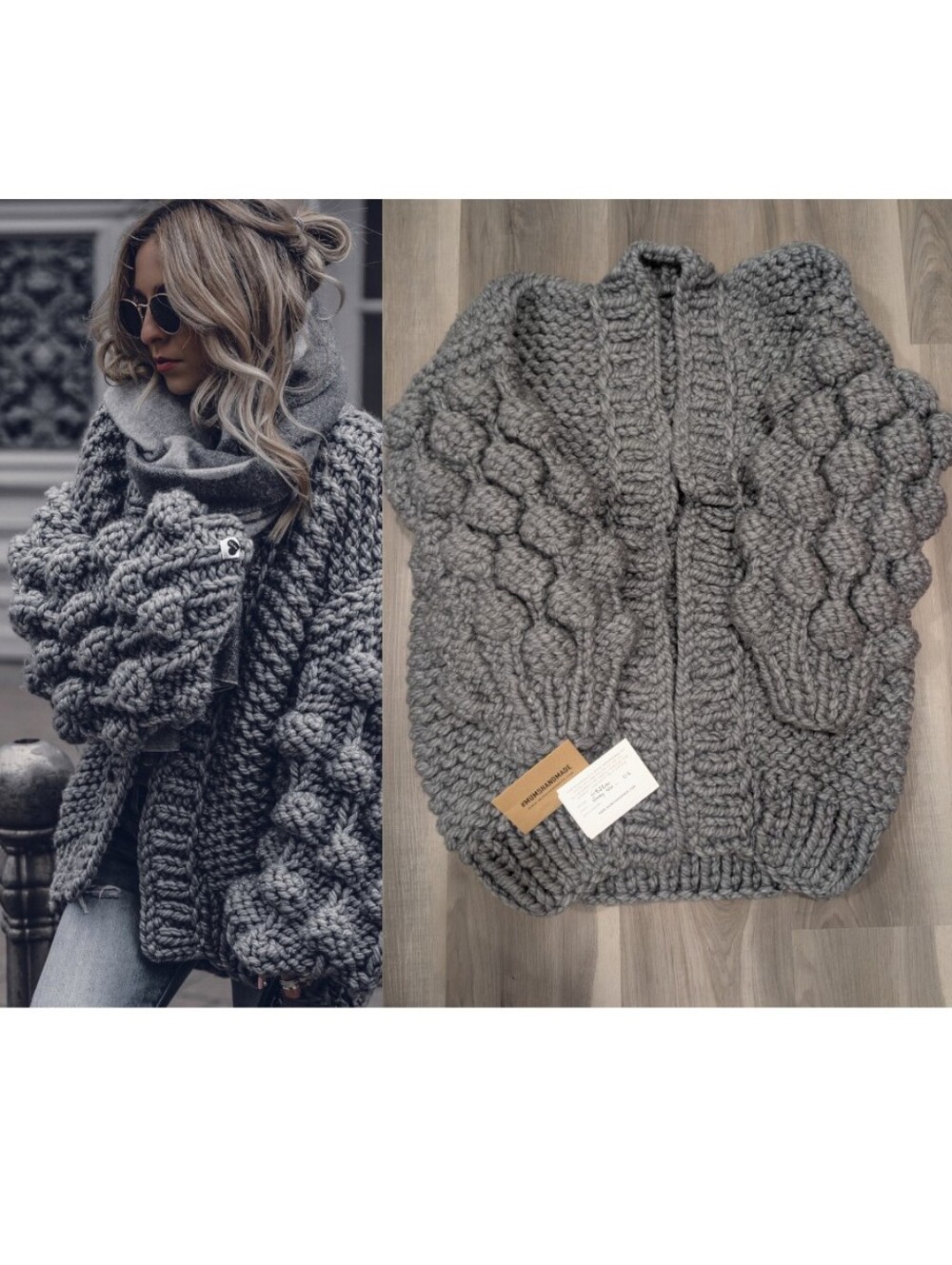 Mumshandmade | Chunky Knit Bubble Sleeve Cardigan In Grey